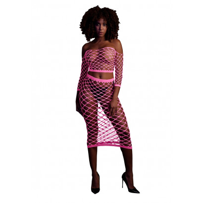 Ouch! Glow in the Dark Long Sleeve Crop Top and Long Skirt Neon Pink